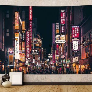 Retro Neon Tokyo Japan Skyline Cityscape Wall Decor for Patio/Bedroom/LivingRoom